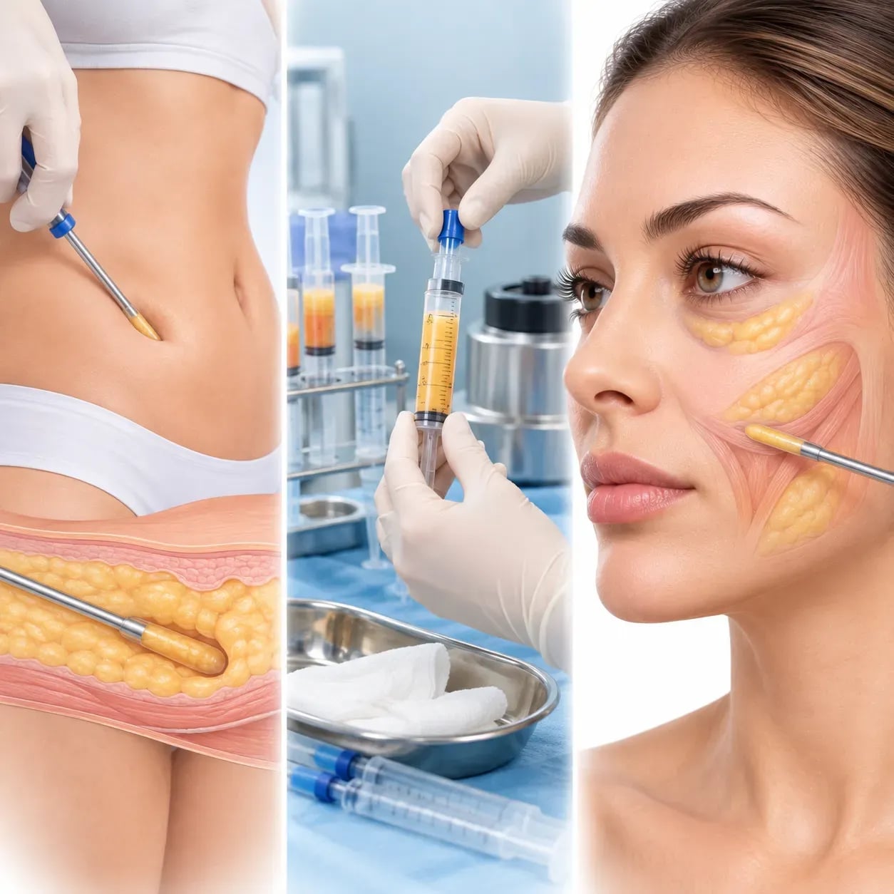 Étapes du prélèvement, préparation et réinjection de graisse lors d'un lipofilling du visage