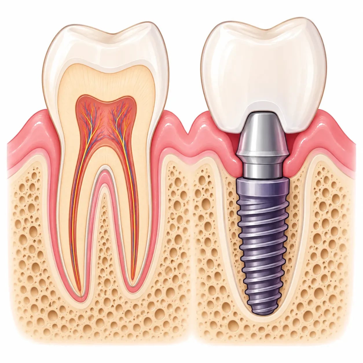 Anatomie d'un implant dentaire : vis en titane dans l'os, pilier et couronne, comparée à une dent naturelle