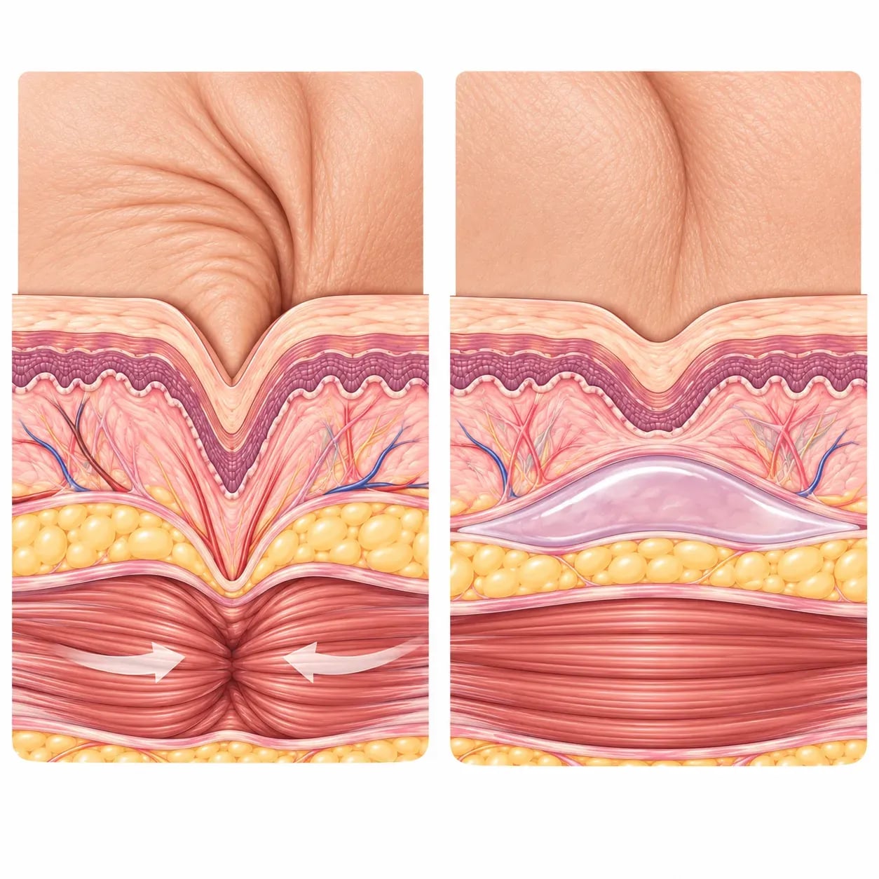 Différence entre le Botox, qui détend le muscle, et l'acide hyaluronique, qui comble un creux