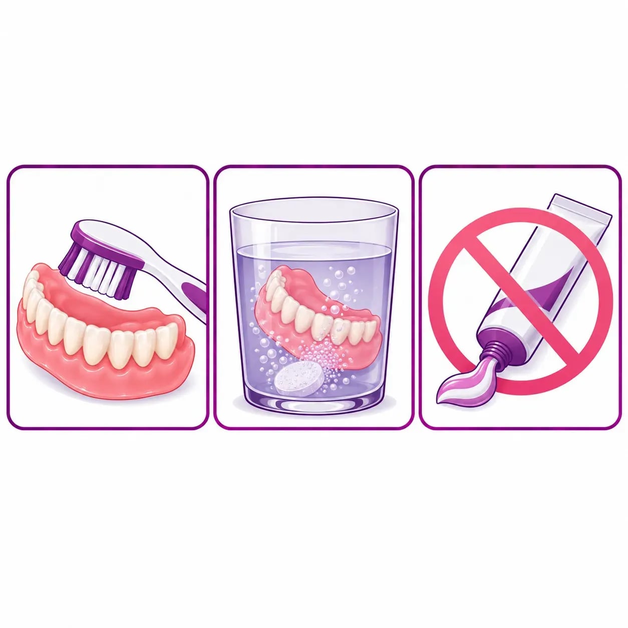 Entretien d'une prothèse dentaire amovible : brosse dédiée, trempage désinfectant, sans dentifrice classique