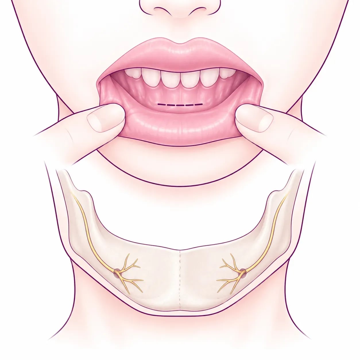 Incision de la génioplastie à l'intérieur de la lèvre inférieure et position du nerf mentonnier