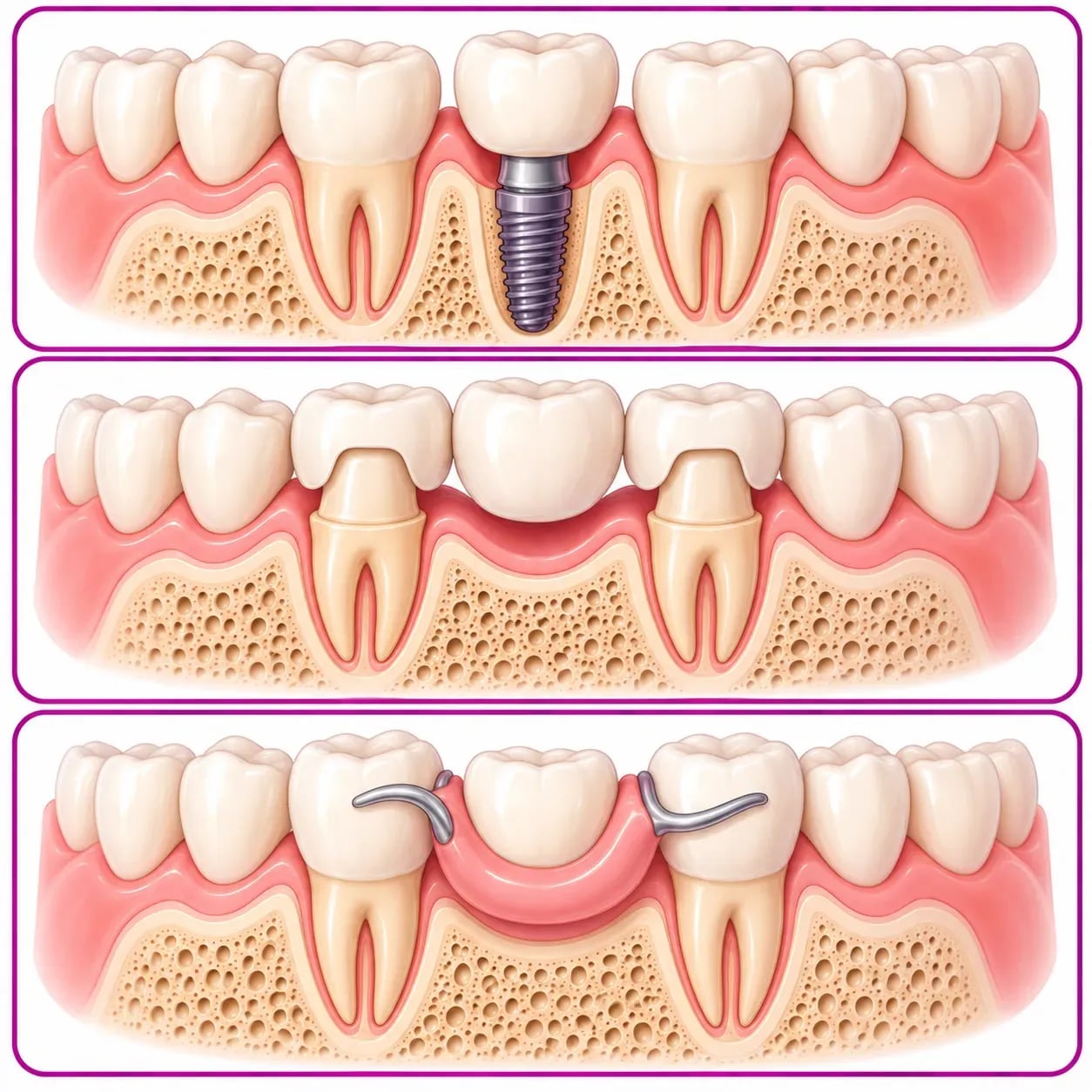 Différence entre un implant, un bridge classique et une prothèse amovible pour remplacer une dent