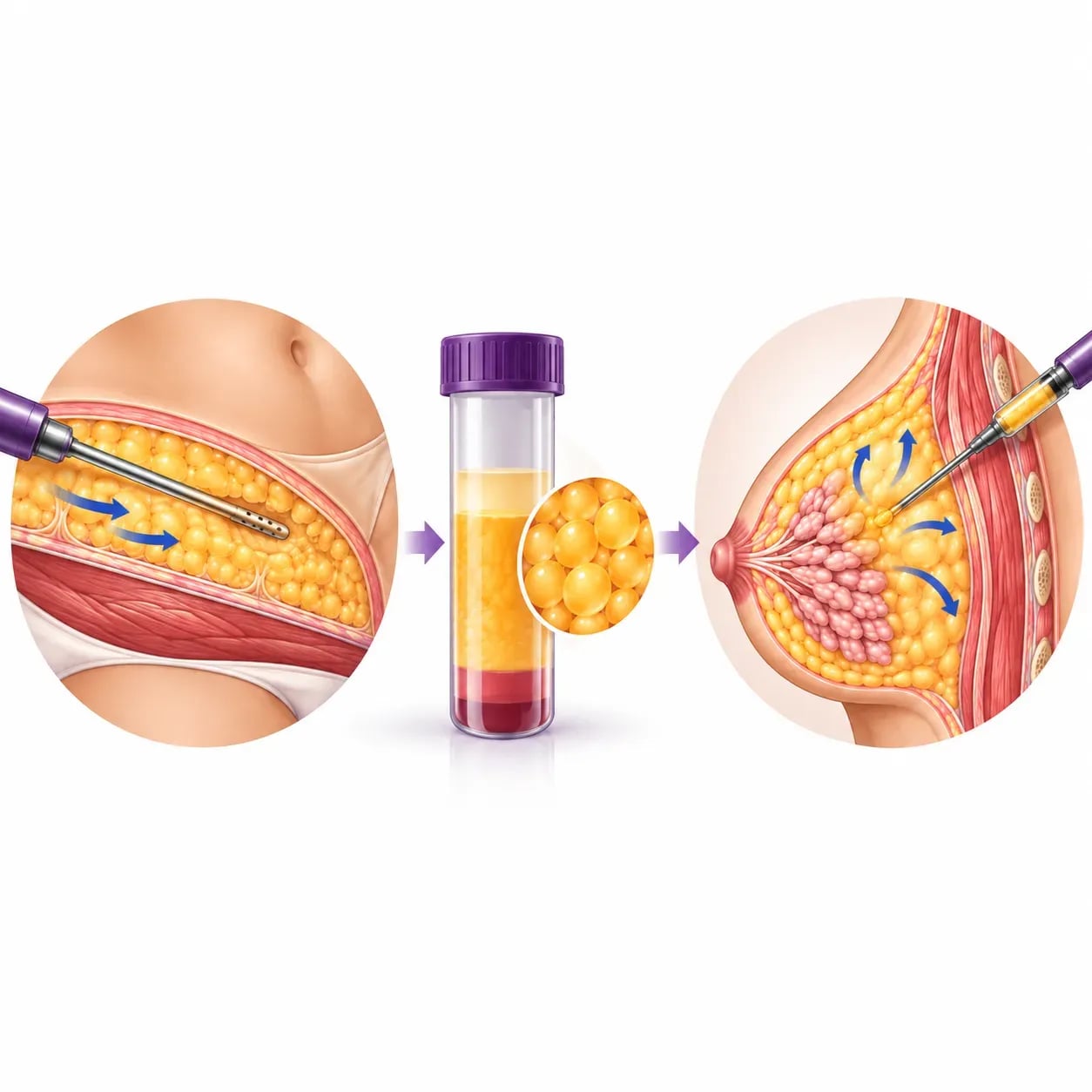 Lipofilling mammaire : prélèvement de graisse, purification puis réinjection dans le sein
