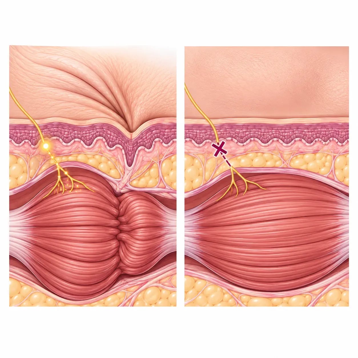 Mécanisme d'action du Botox : le signal nerveux est bloqué, le muscle se détend et la ride s'atténue