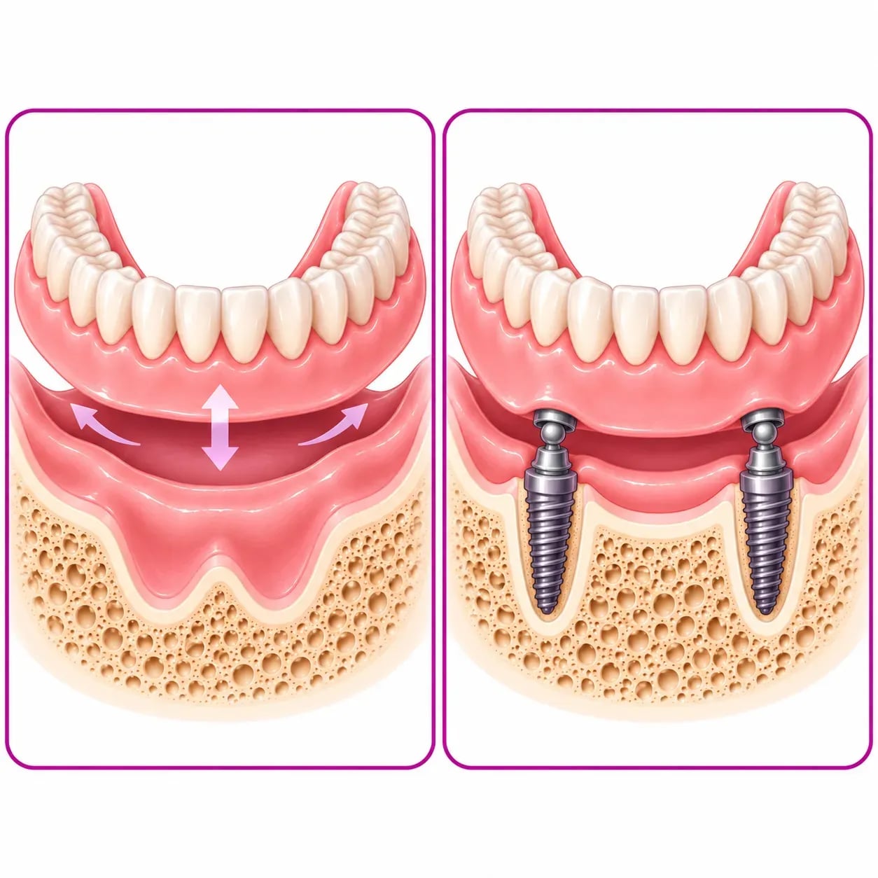 Prothèse amovible complète posée sur la gencive et prothèse stabilisée sur deux implants