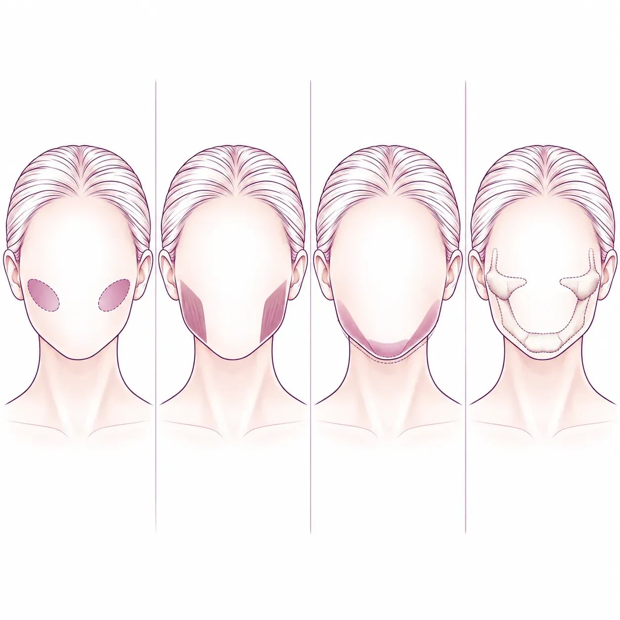 Quatre causes d'un visage rond : boule de Bichat, muscles masséters, graisse sous le menton et structure osseuse