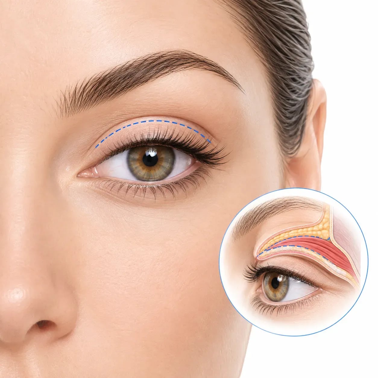 Schéma de l'incision d'une blépharoplastie supérieure dans le pli naturel de la paupière
