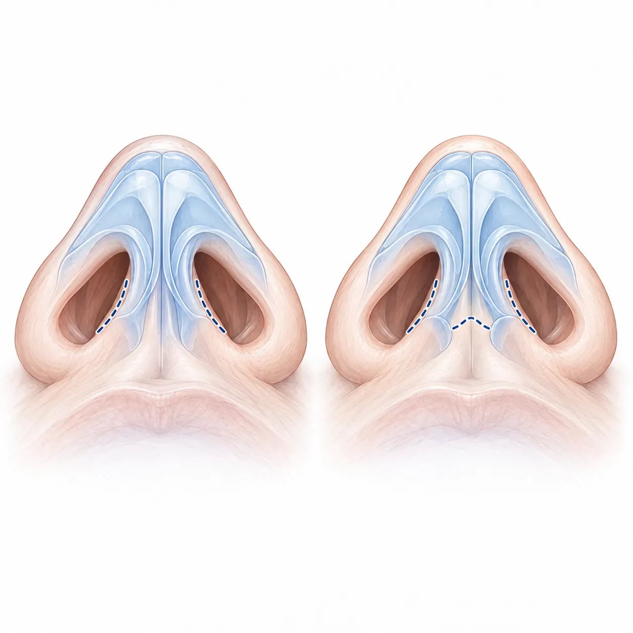 Schéma comparant les incisions d'une rhinoplastie fermée et ouverte