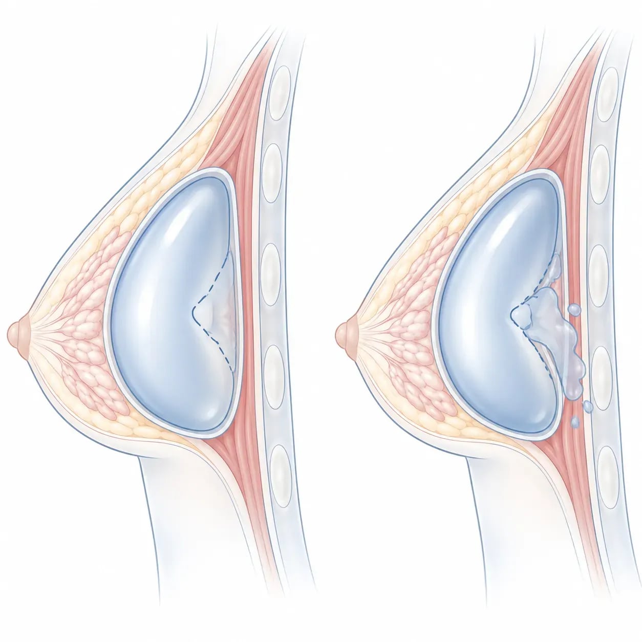 Schéma comparant une rupture intracapsulaire et extracapsulaire d'implant mammaire