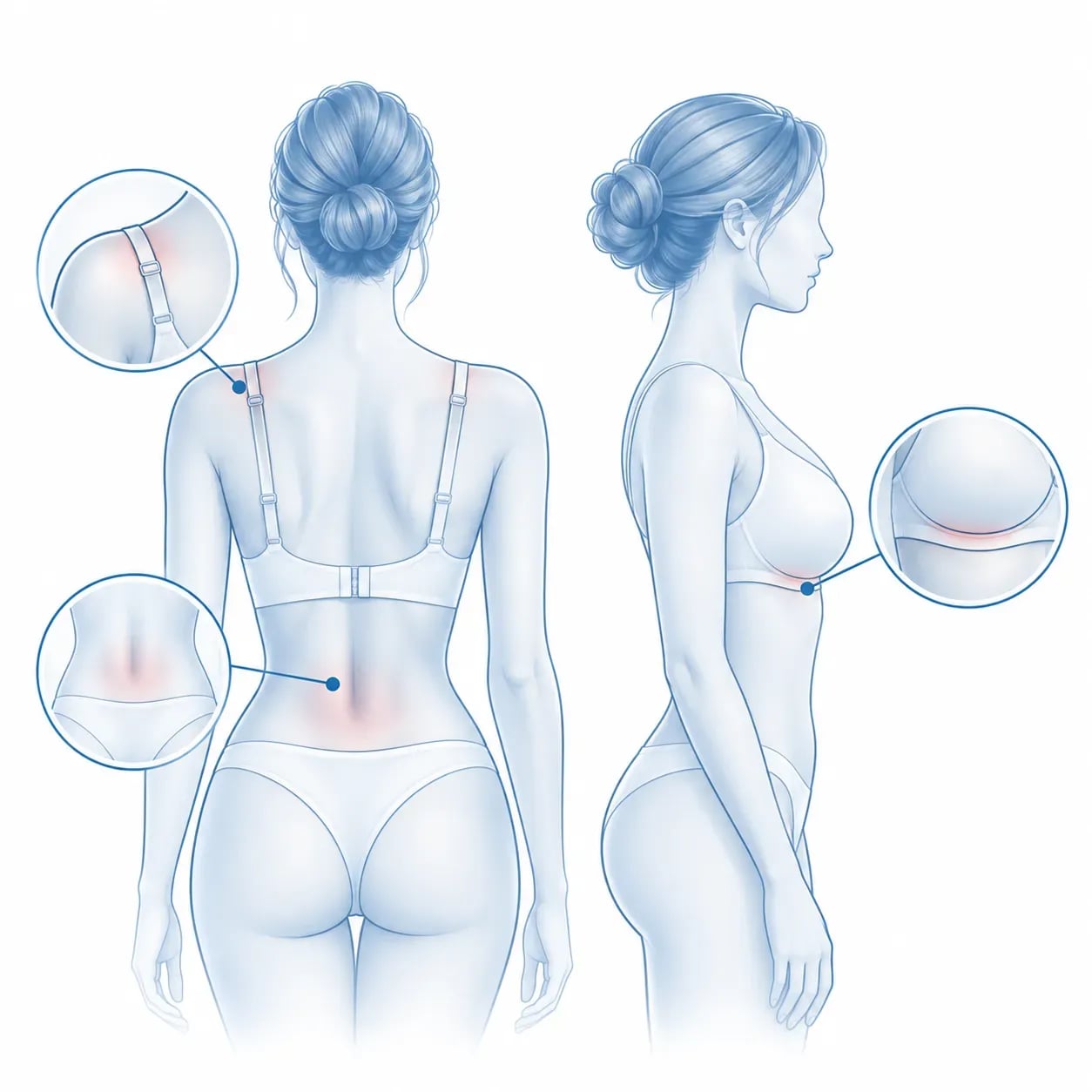 Illustration des zones de gêne physique liées à une hypertrophie mammaire