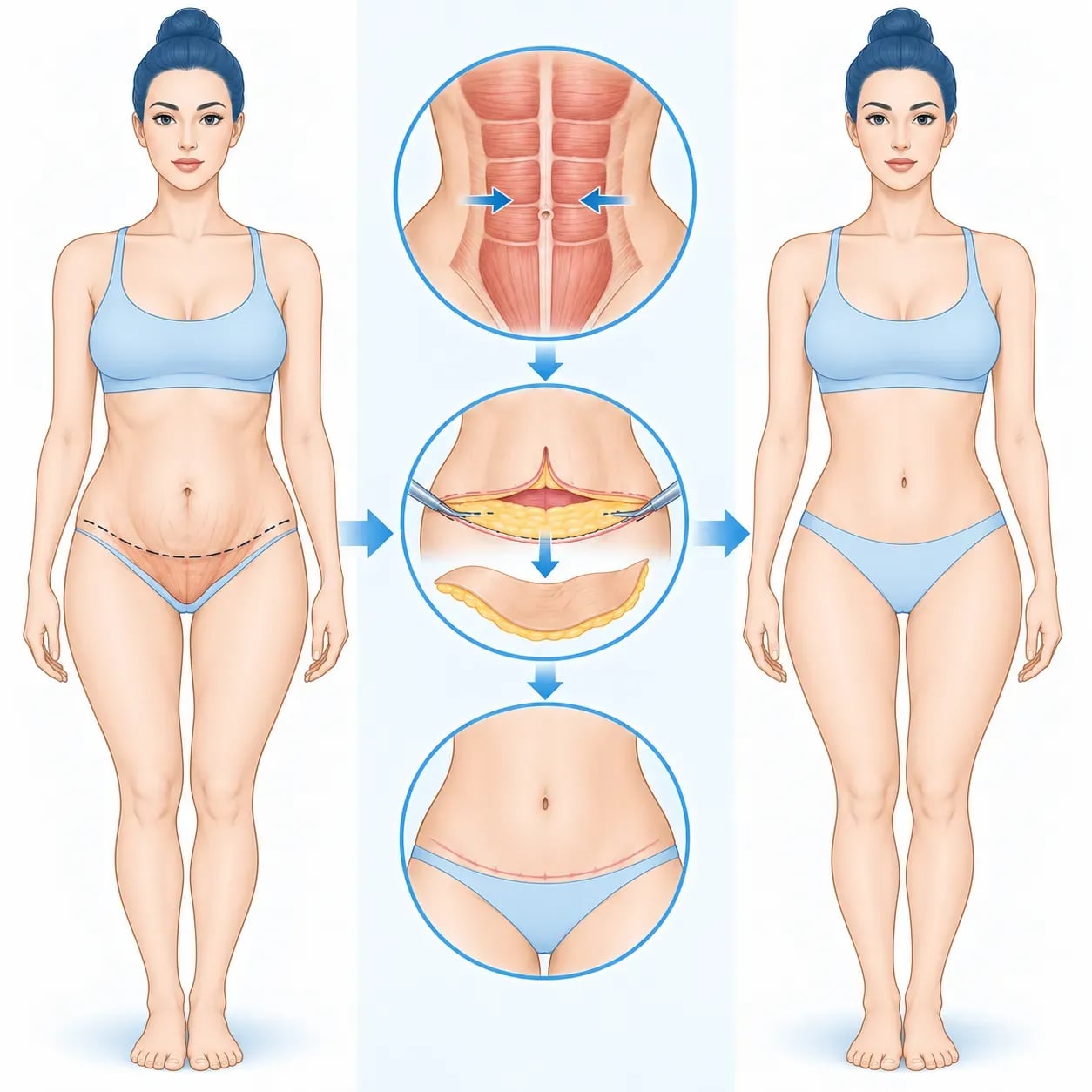 Schéma explicatif de la technique de l'abdominoplastie et du resserrement musculaire