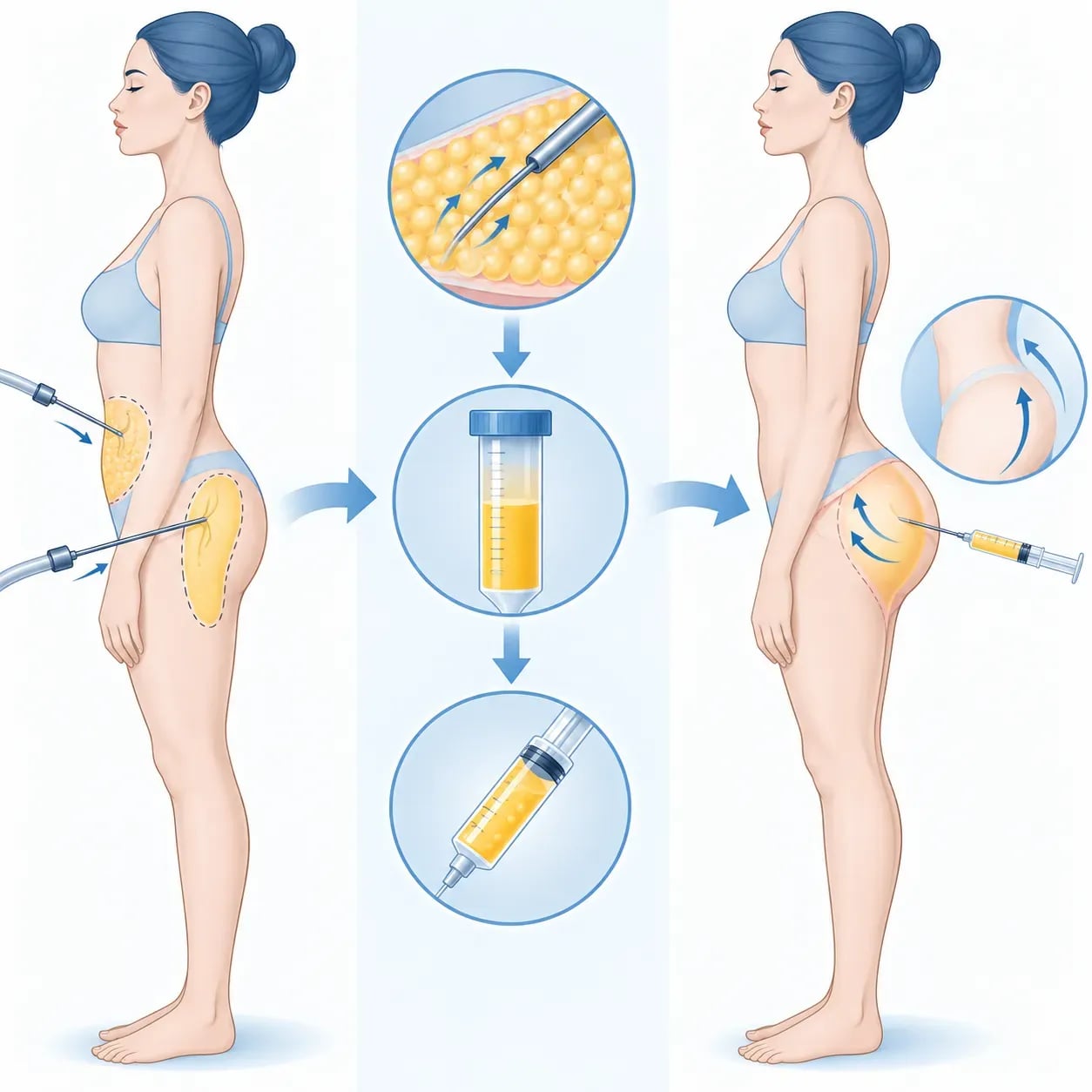 Schéma du BBL : prélèvement de graisse par liposuccion, préparation, puis réinjection dans les fesses