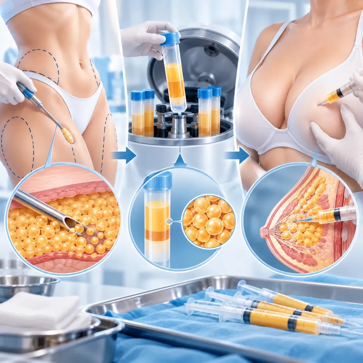 Schéma des 3 étapes du lipofilling mammaire : prélèvement, purification, réinjection