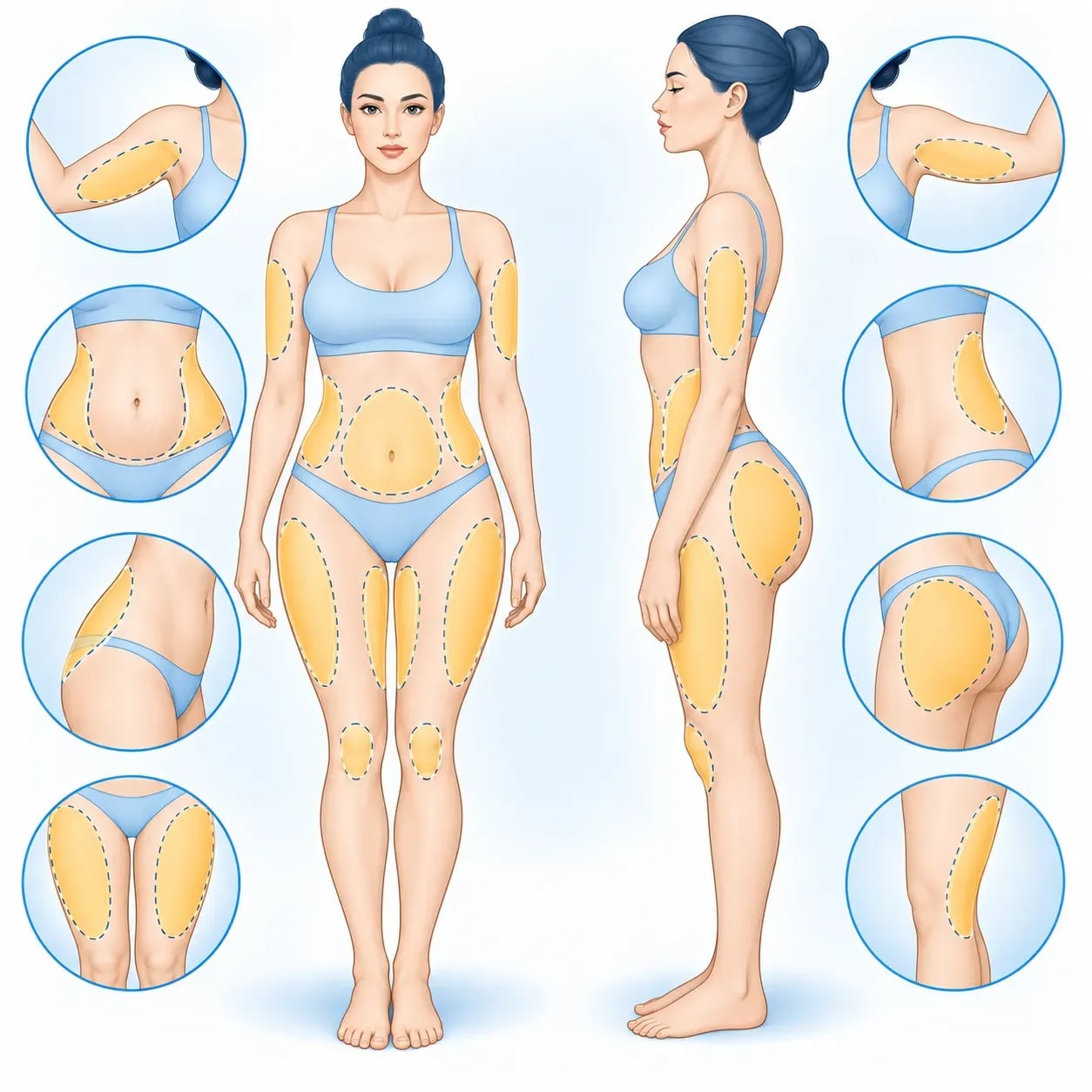 Schéma explicatif des zones traitées par liposuccion sur le corps