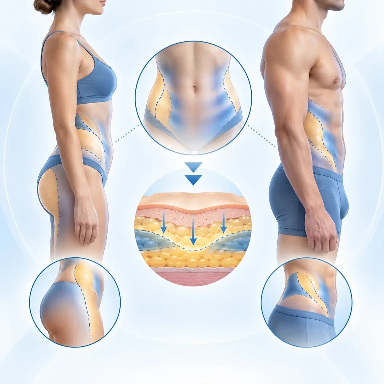 Illustration du résultat de sculpture haute définition Vaser sur l'abdomen