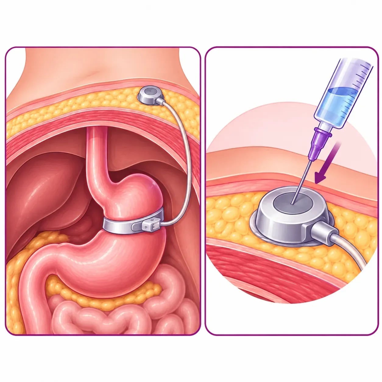 Boîtier d'un anneau gastrique placé sous la peau et ajustement par injection de liquide