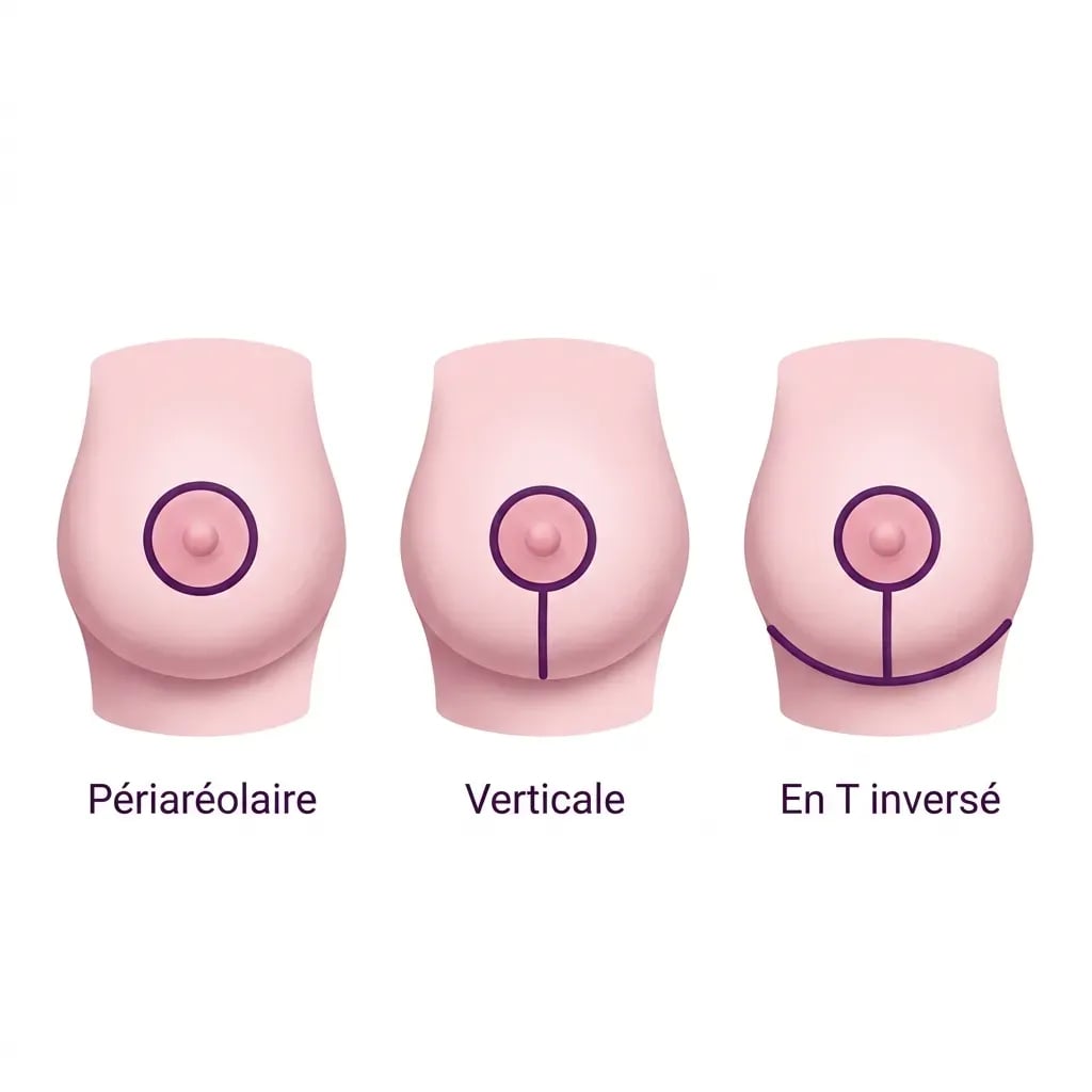 Les trois techniques de lifting mammaire et leurs cicatrices : périaréolaire, verticale et en T inversé