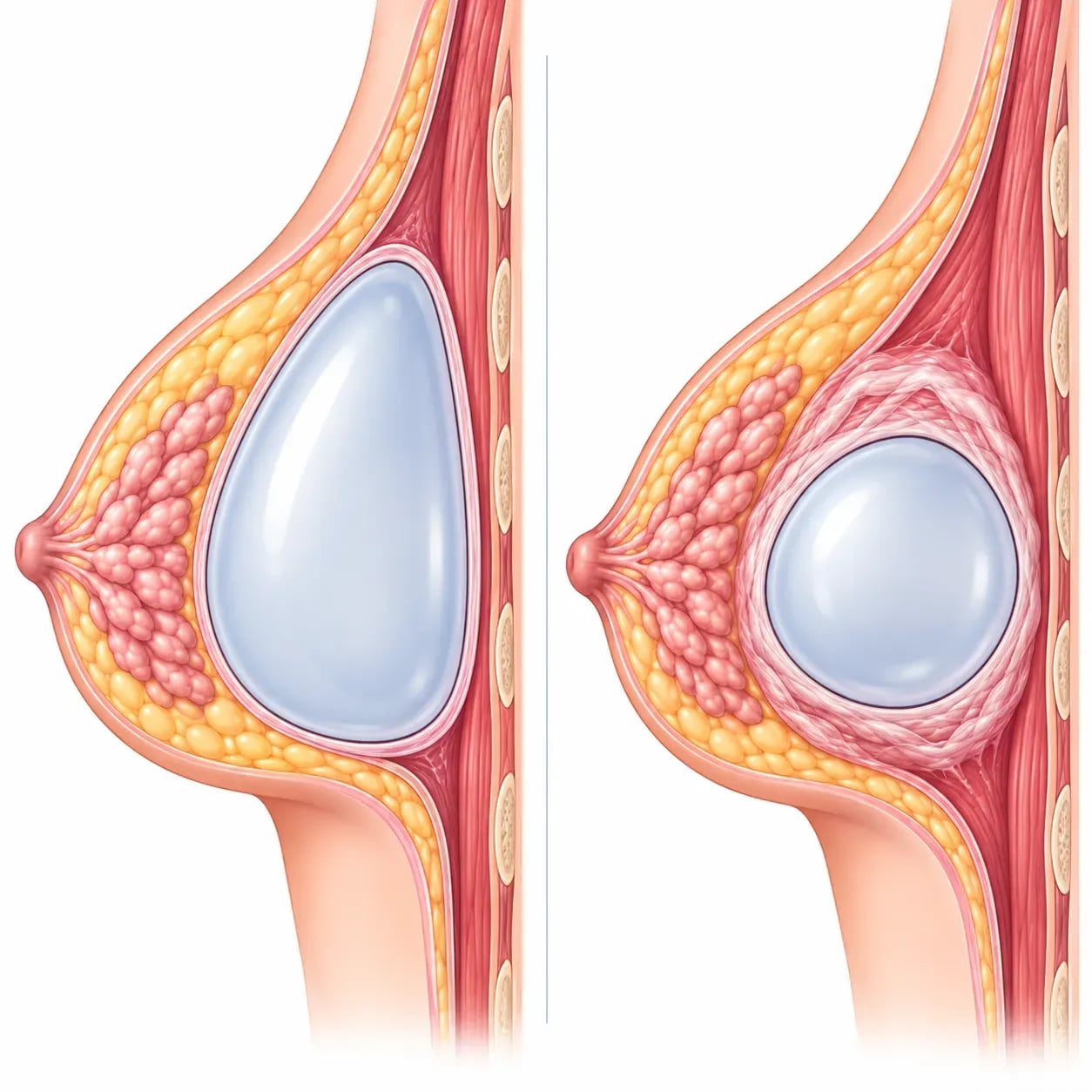 Contracture capsulaire : capsule normale et capsule rétractée autour d'une prothèse mammaire