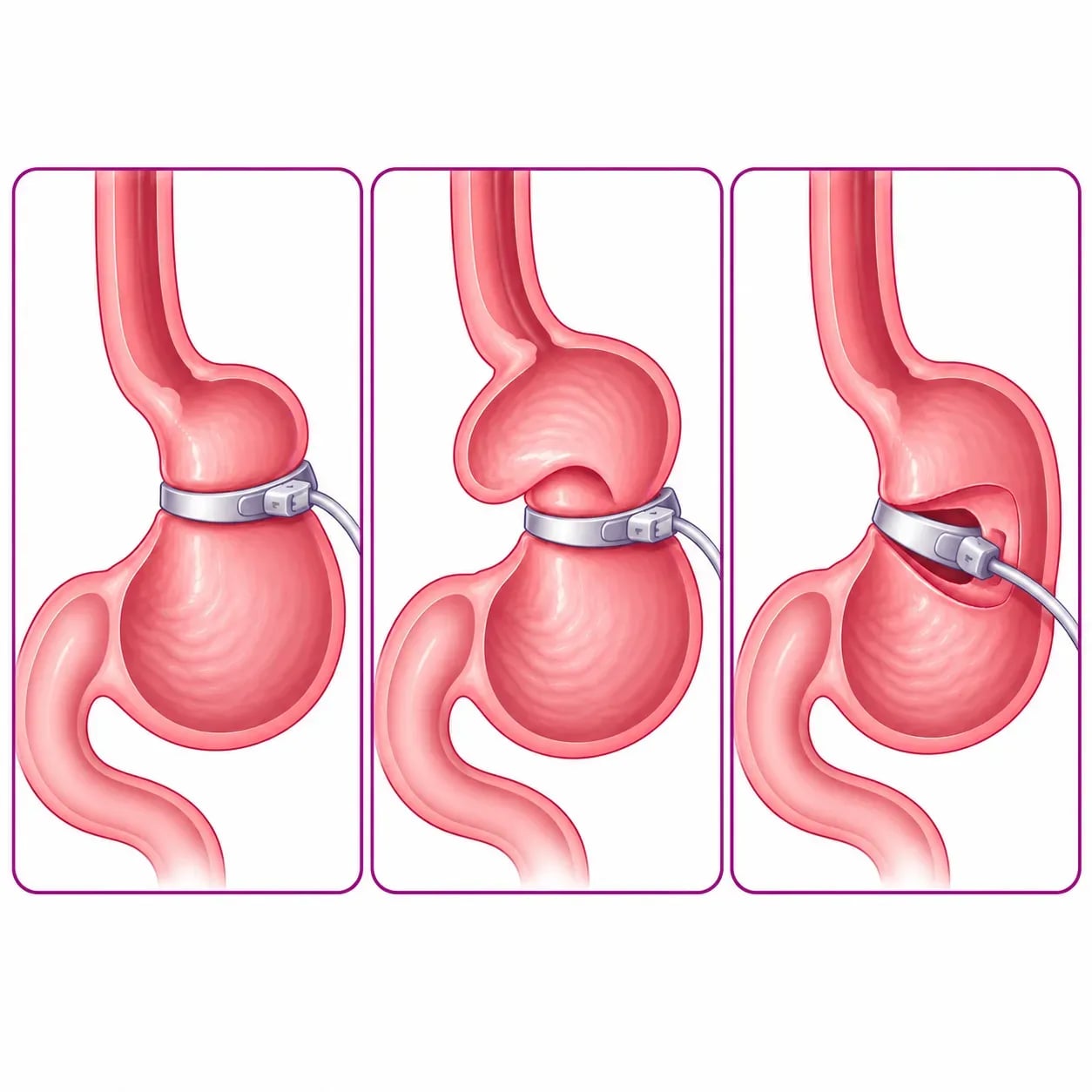 Position normale d'un anneau gastrique, glissement de l'estomac et érosion de la paroi