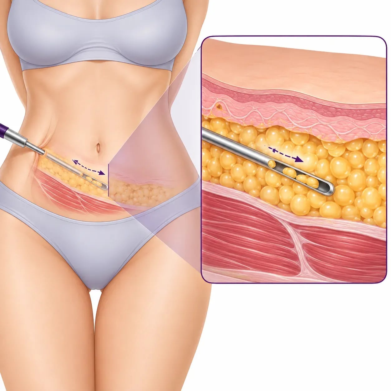 Schéma de la liposuccion : aspiration de la graisse sous la peau à l'aide d'une canule