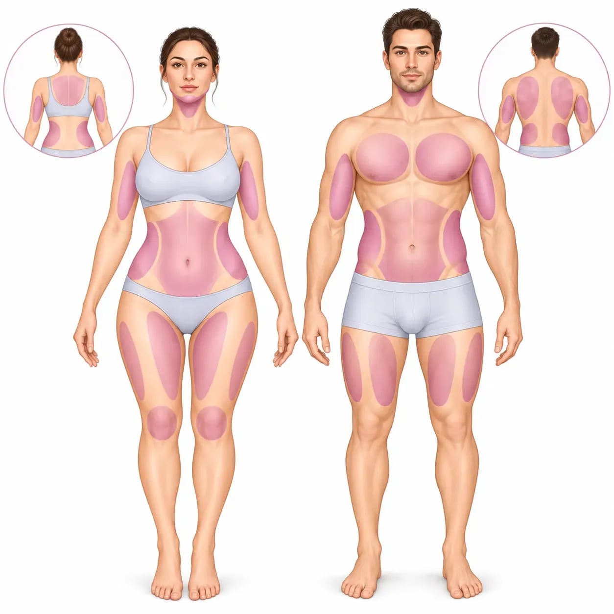 Zones traitées par liposuccion Vaser chez la femme et chez l'homme