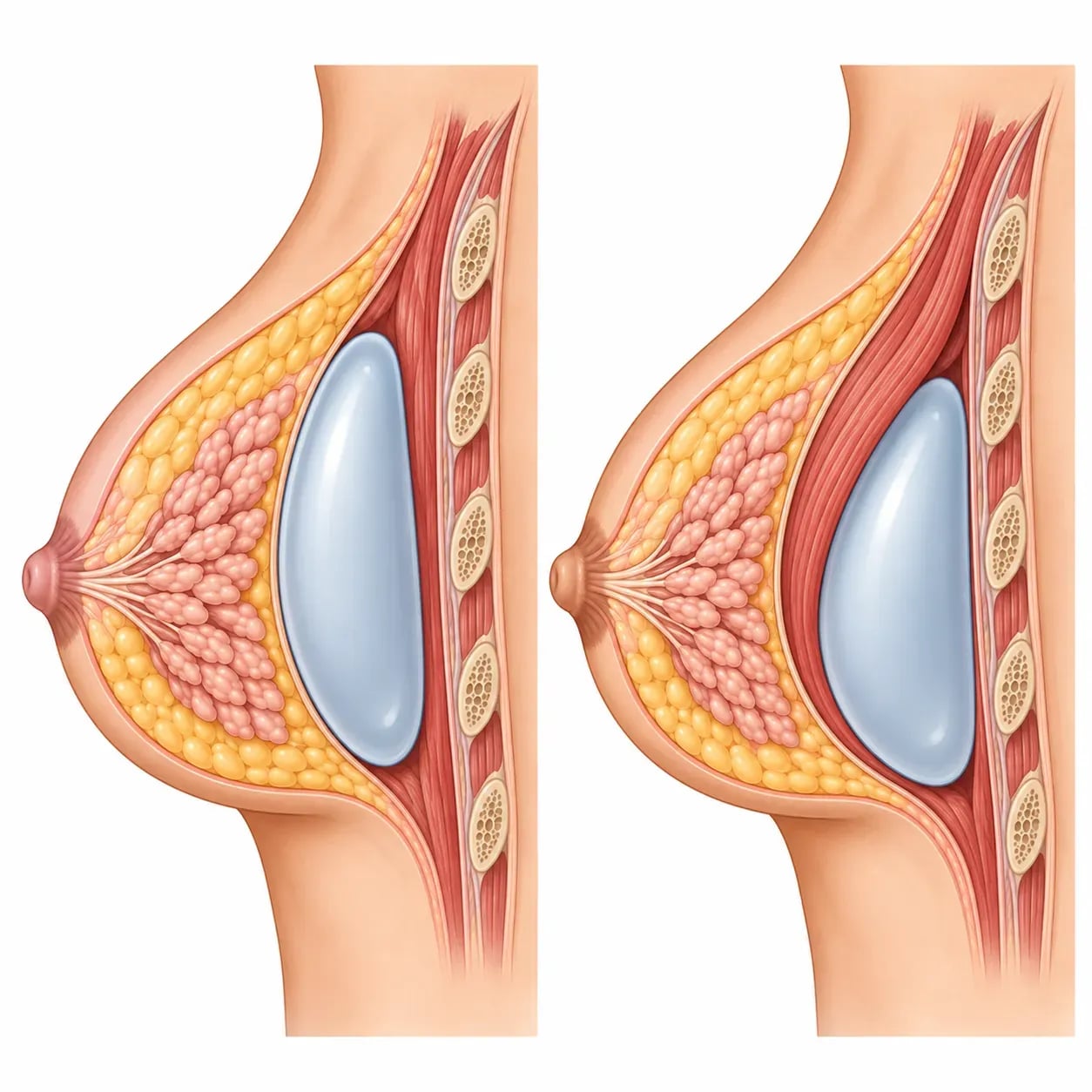 Positions possibles de l'implant mammaire : rétroglandulaire et rétromusculaire