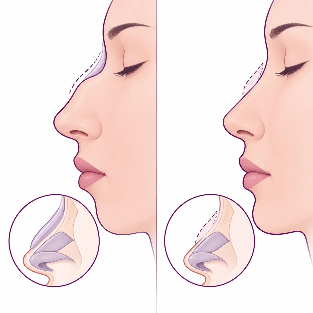 Différence entre rhinoplastie médicale, qui ajoute du volume, et rhinoplastie chirurgicale, qui peut en retirer