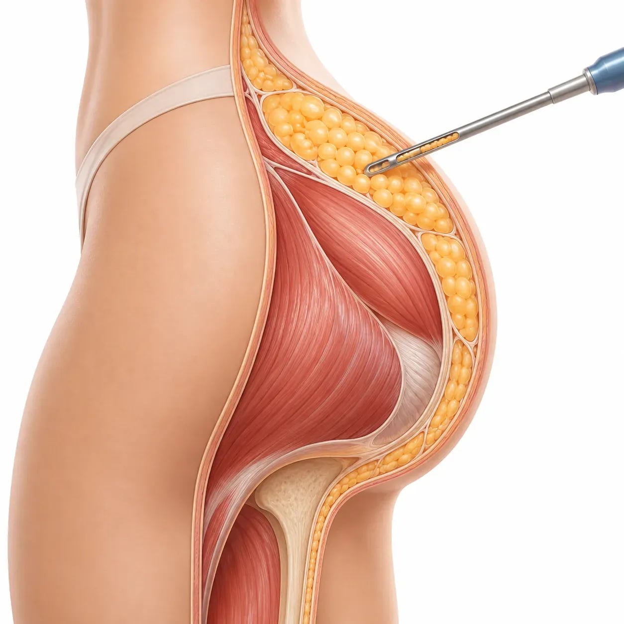 Schéma de la réinjection sous-cutanée de graisse lors d'un BBL