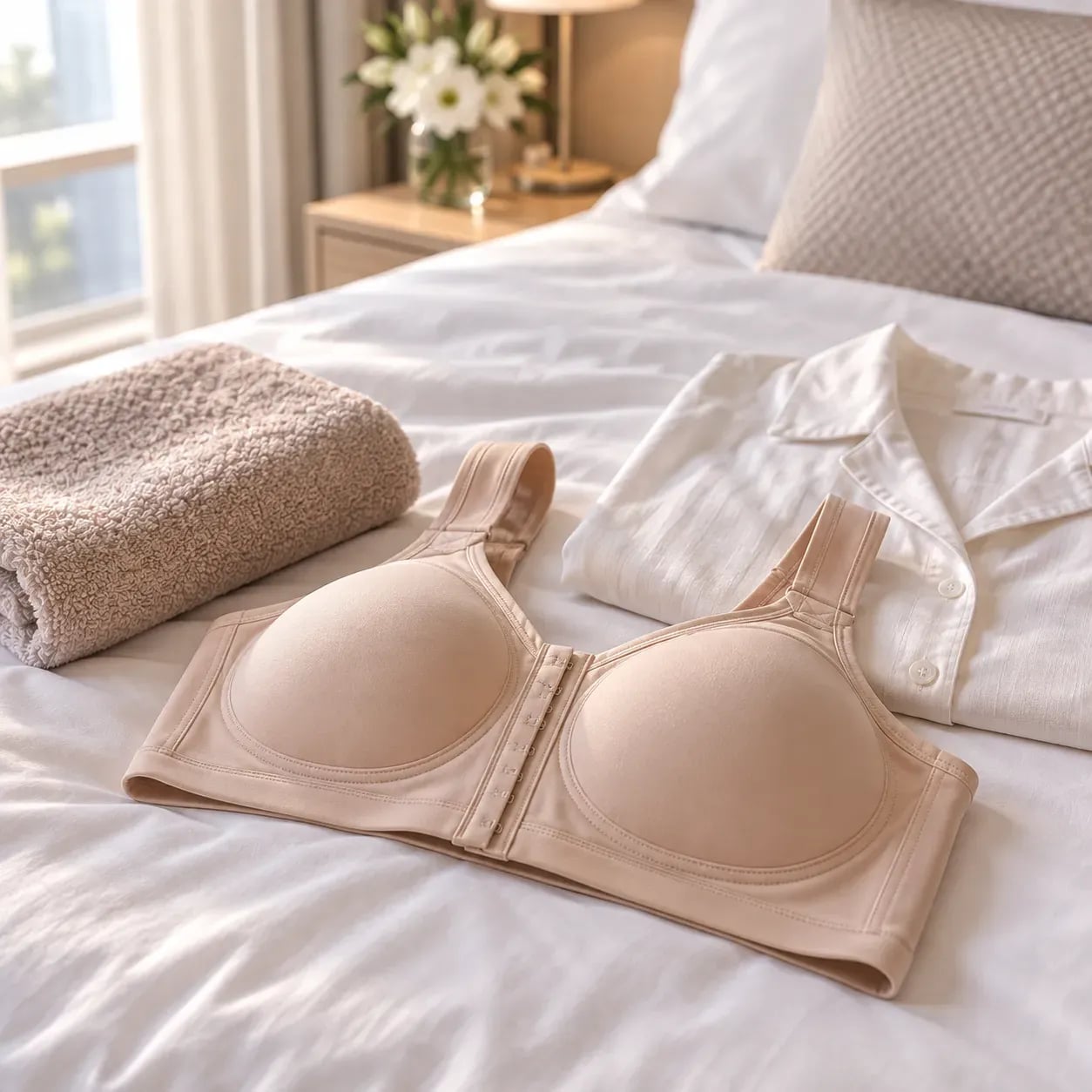 Soutien-gorge de soutien sans armatures porté après une augmentation mammaire