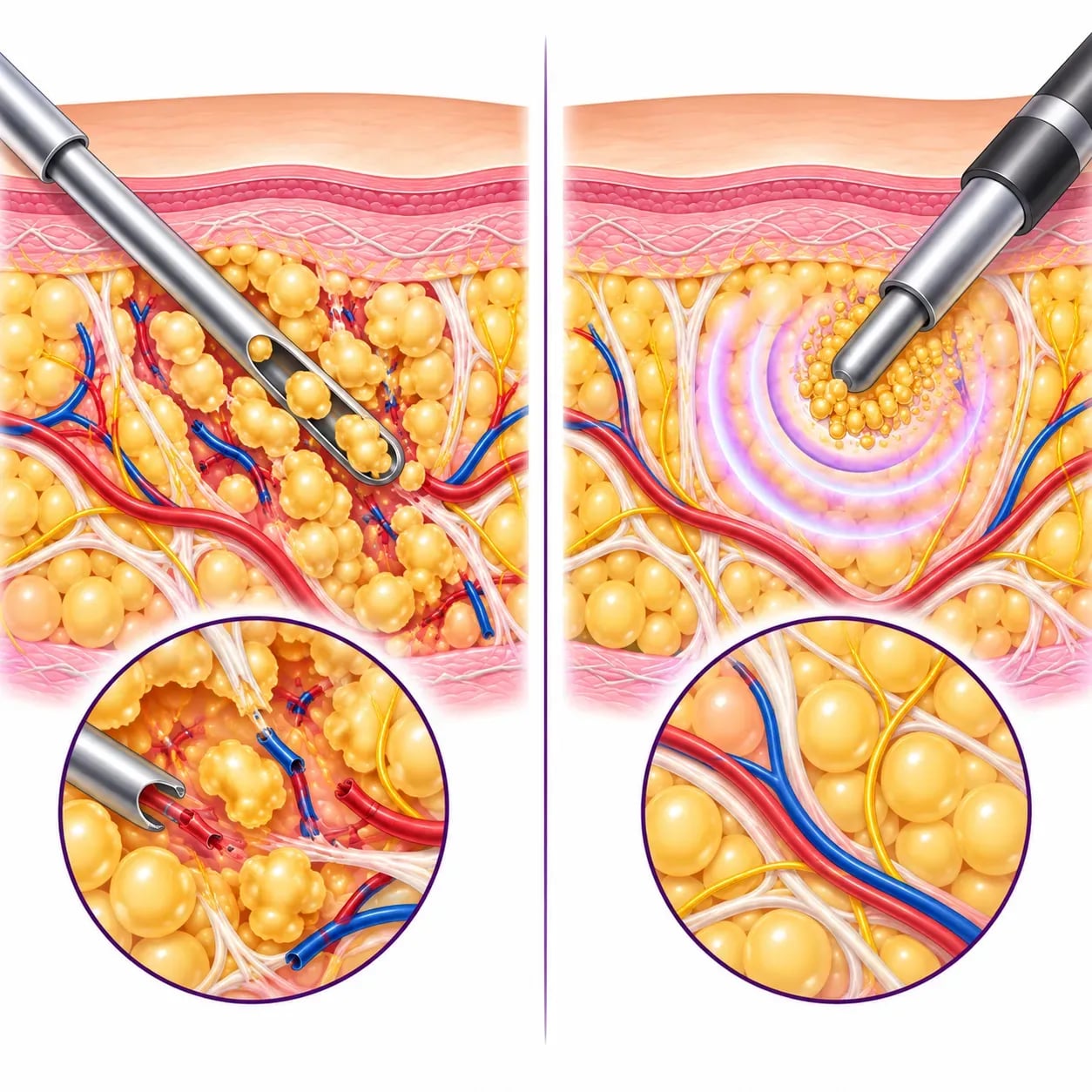 Différence entre la liposuccion classique et la liposuccion Vaser, qui fragmente la graisse par ultrasons